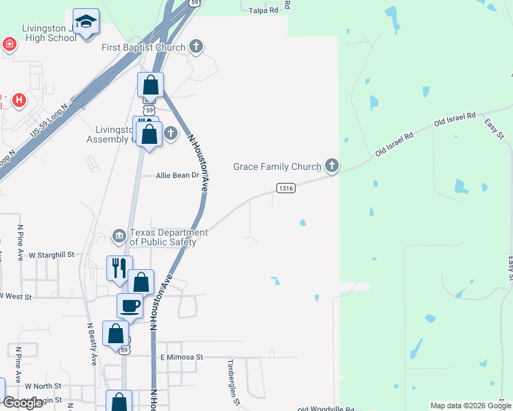 map of restaurants, bars, coffee shops, grocery stores, and more near 2300 Old Israel Road in Livingston
