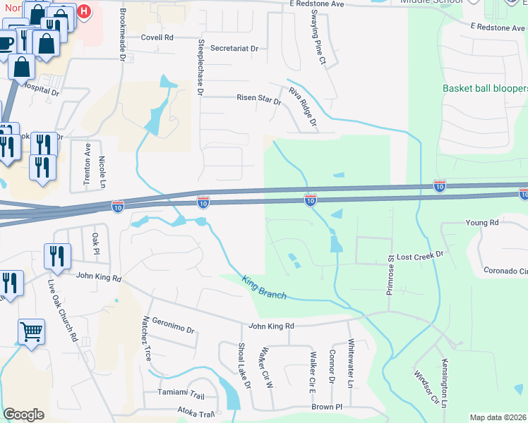 map of restaurants, bars, coffee shops, grocery stores, and more near 2834 Penney Lane in Crestview