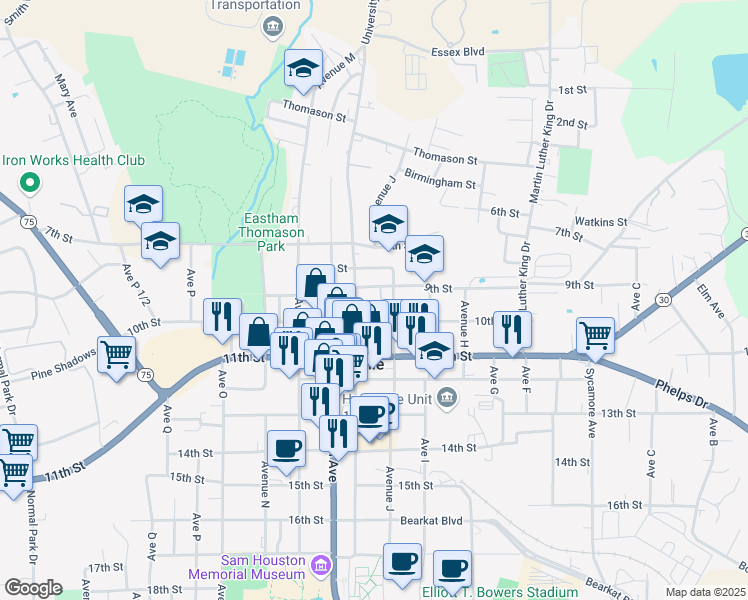 map of restaurants, bars, coffee shops, grocery stores, and more near 911 University Avenue in Huntsville