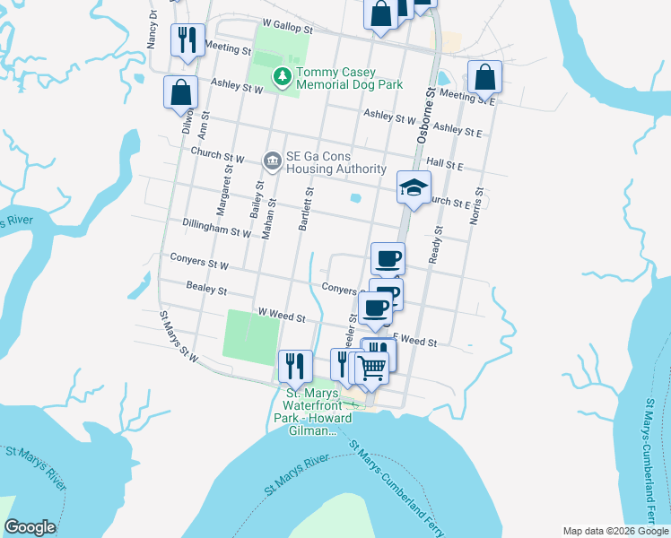 map of restaurants, bars, coffee shops, grocery stores, and more near 406 Seagrove Street in St. Marys