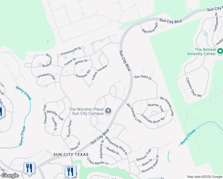 map of restaurants, bars, coffee shops, grocery stores, and more near 404 Sundance Lane in Georgetown