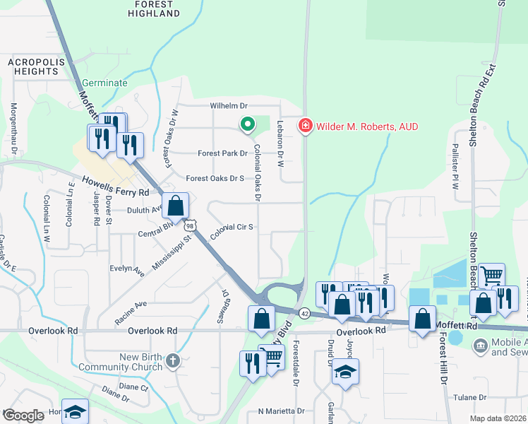 map of restaurants, bars, coffee shops, grocery stores, and more near 1810 Colonial Oaks Drive in Mobile