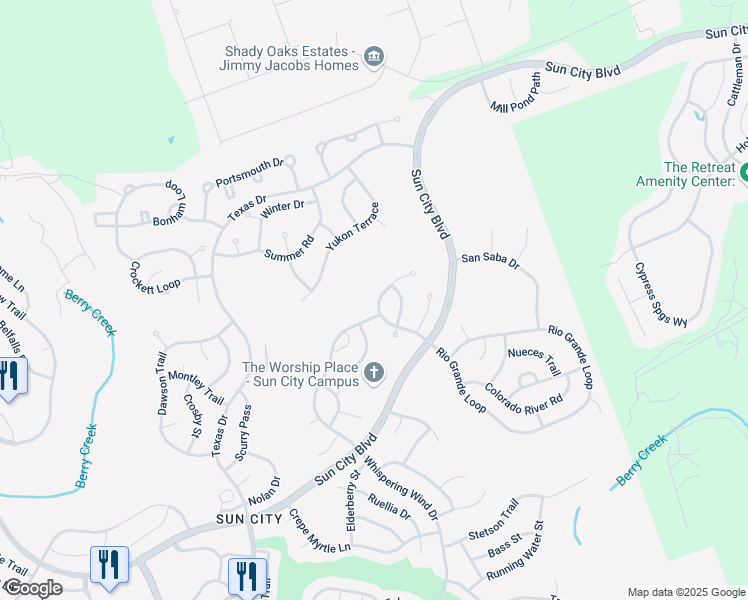 map of restaurants, bars, coffee shops, grocery stores, and more near 404 Sundance Lane in Georgetown