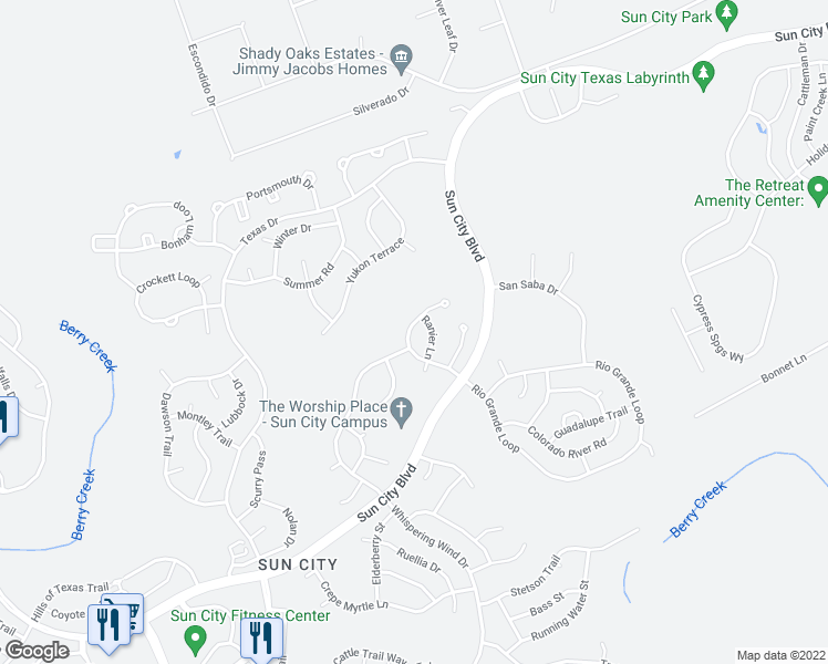 map of restaurants, bars, coffee shops, grocery stores, and more near 404 Sundance Lane in Georgetown