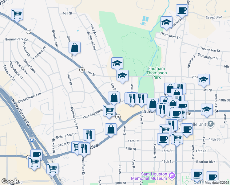 map of restaurants, bars, coffee shops, grocery stores, and more near 58 Texas 75 in Huntsville