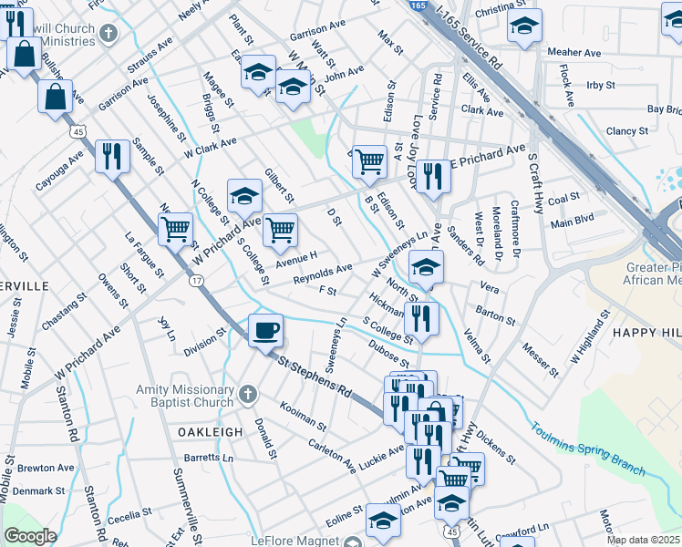 map of restaurants, bars, coffee shops, grocery stores, and more near 801 Reynolds Avenue in Prichard