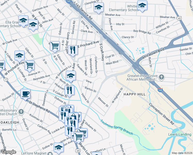map of restaurants, bars, coffee shops, grocery stores, and more near 250 Sanders Road in Prichard