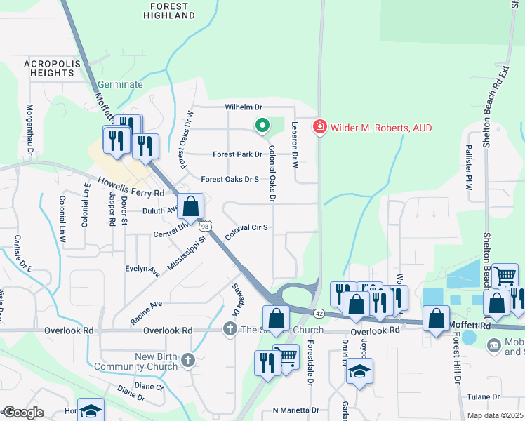 map of restaurants, bars, coffee shops, grocery stores, and more near 5317 Colonial Circle North in Mobile
