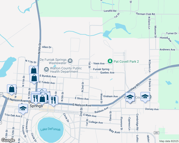 map of restaurants, bars, coffee shops, grocery stores, and more near 369 1st Street in DeFuniak Springs