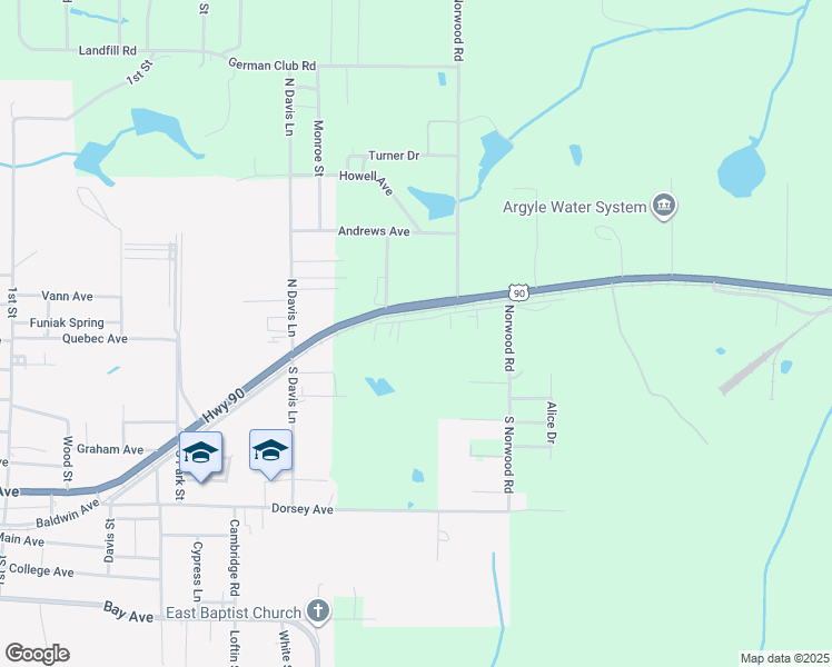 map of restaurants, bars, coffee shops, grocery stores, and more near 245 Charlie Brown Road in DeFuniak Springs