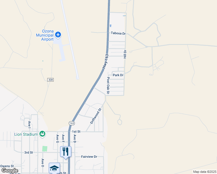 map of restaurants, bars, coffee shops, grocery stores, and more near 105 Bluebonnet Drive in Ozona