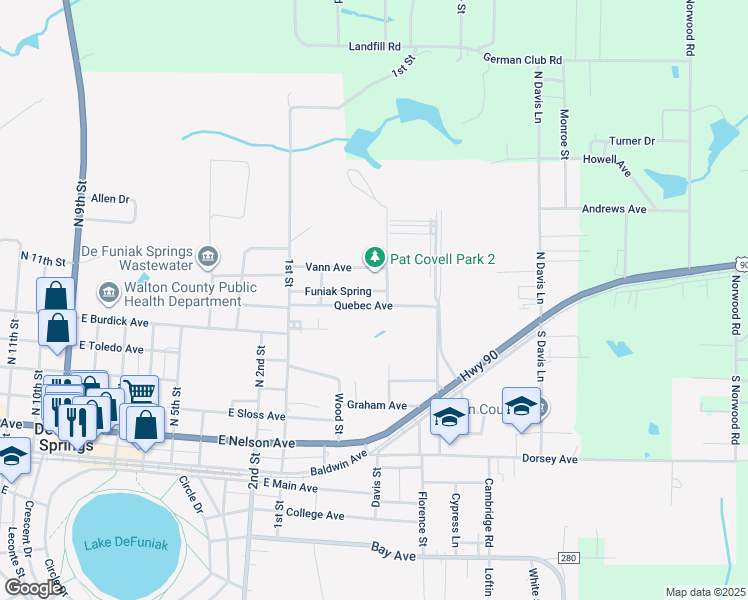 map of restaurants, bars, coffee shops, grocery stores, and more near 431 Quebec Avenue in DeFuniak Springs