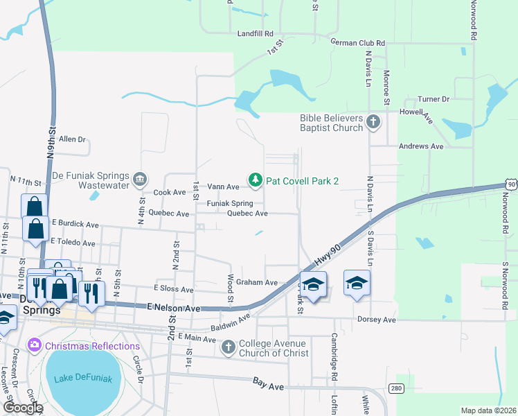 map of restaurants, bars, coffee shops, grocery stores, and more near 431 Quebec Avenue in DeFuniak Springs