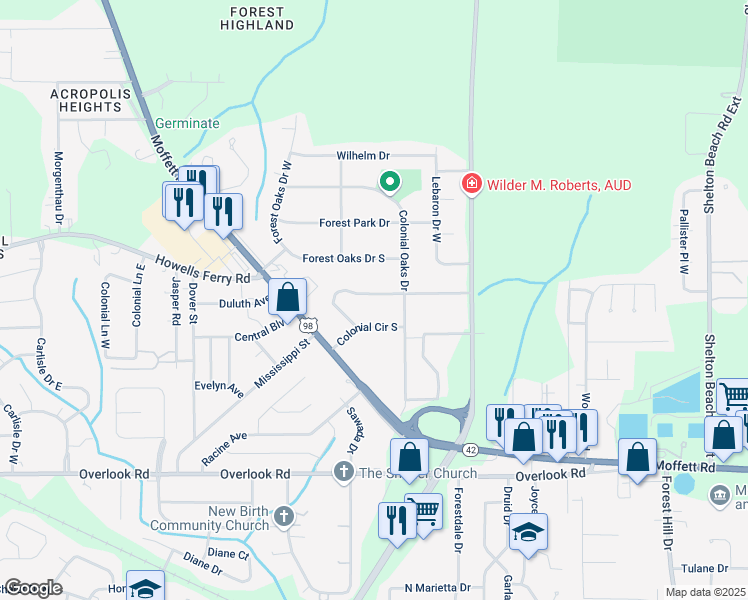 map of restaurants, bars, coffee shops, grocery stores, and more near 5317 Colonial Circle North in Mobile