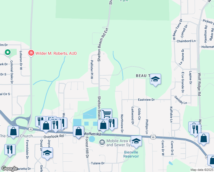 map of restaurants, bars, coffee shops, grocery stores, and more near 1750 Shelton Beach Road Extension in Mobile