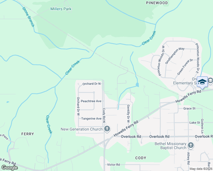 map of restaurants, bars, coffee shops, grocery stores, and more near 1774 Cody Road North in Mobile
