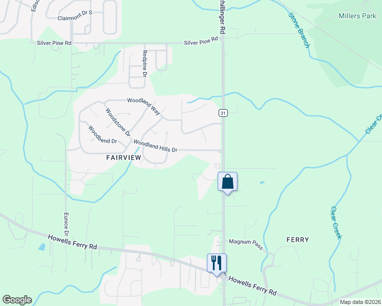 map of restaurants, bars, coffee shops, grocery stores, and more near 7915 Woodland Hills Drive in Semmes