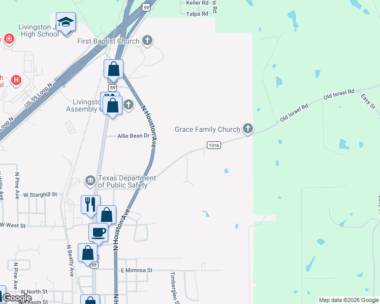 map of restaurants, bars, coffee shops, grocery stores, and more near 2300 Old Israel Road in Livingston