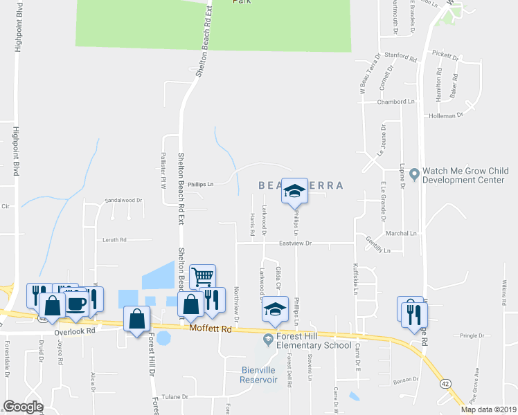 map of restaurants, bars, coffee shops, grocery stores, and more near 1801 Larkwood Drive in Mobile