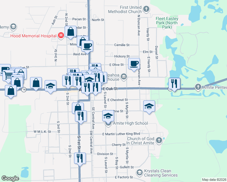 map of restaurants, bars, coffee shops, grocery stores, and more near 104 South Bay Street in Amite City