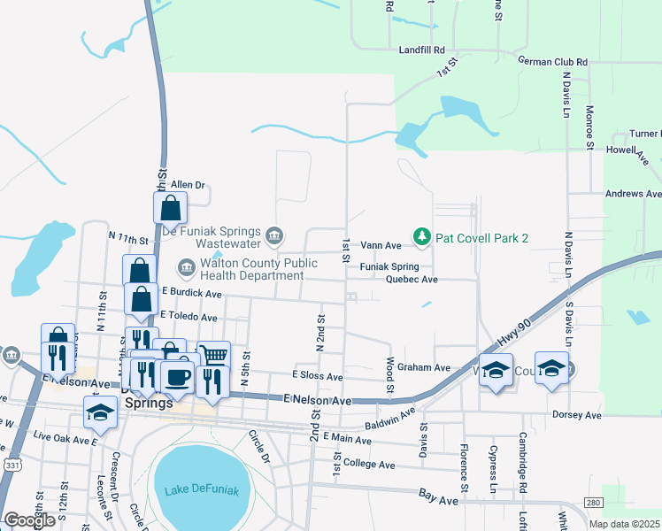 map of restaurants, bars, coffee shops, grocery stores, and more near 369 1st Street in DeFuniak Springs