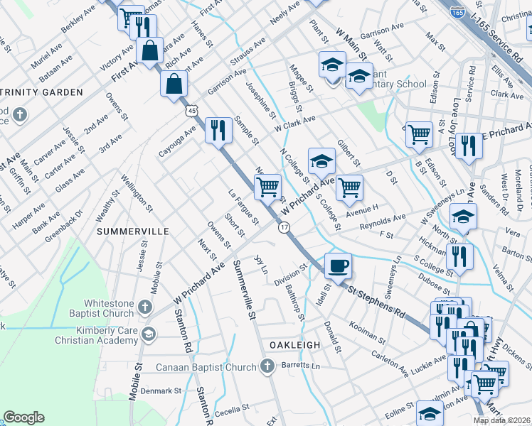 map of restaurants, bars, coffee shops, grocery stores, and more near 1813 W Prichard Ave in Mobile