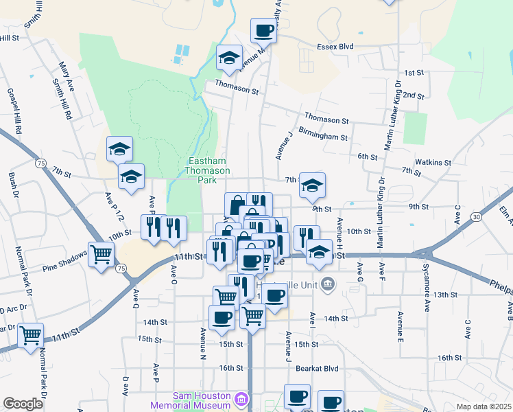 map of restaurants, bars, coffee shops, grocery stores, and more near 861 North Sam Houston Avenue in Huntsville