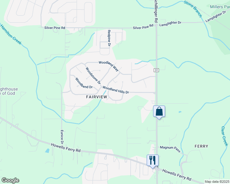 map of restaurants, bars, coffee shops, grocery stores, and more near 8035 Woodland Hills Drive in Semmes