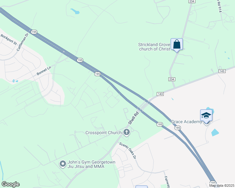 map of restaurants, bars, coffee shops, grocery stores, and more near 2201 Texas 195 in Georgetown