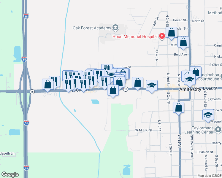 map of restaurants, bars, coffee shops, grocery stores, and more near 801 West Oak Street in Amite City