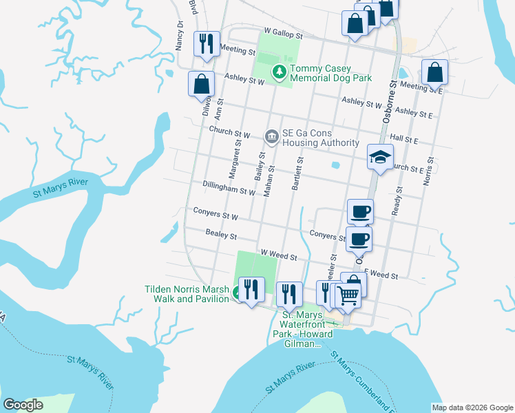 map of restaurants, bars, coffee shops, grocery stores, and more near 406 Bailey Street in Saint Marys