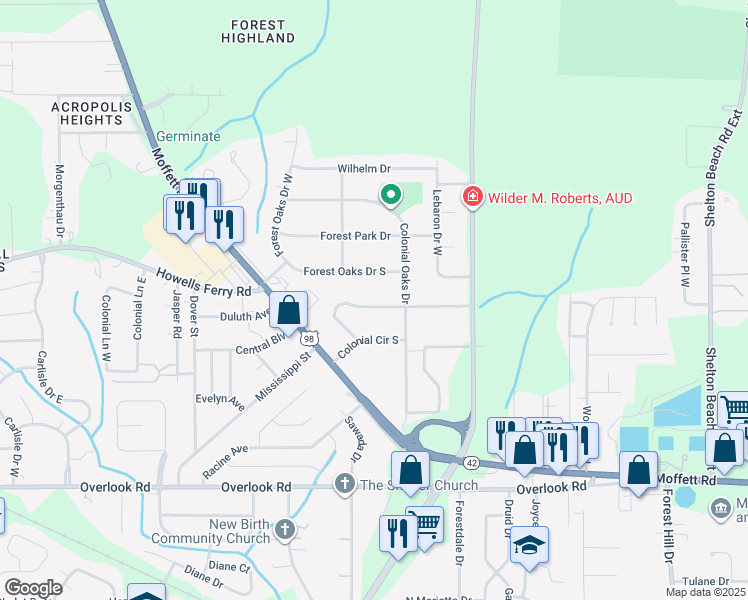 map of restaurants, bars, coffee shops, grocery stores, and more near 5320 North Colonial Circle in Mobile