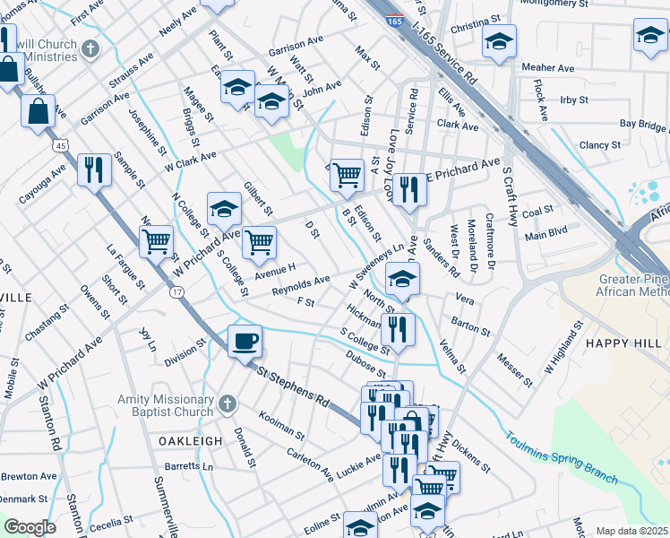 map of restaurants, bars, coffee shops, grocery stores, and more near 801 Reynolds Avenue in Prichard