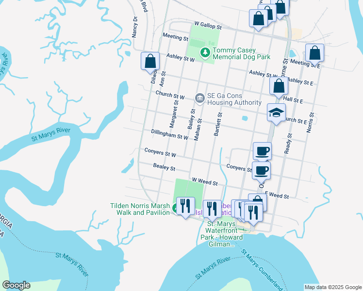 map of restaurants, bars, coffee shops, grocery stores, and more near 501 Conyers Street West in St. Marys