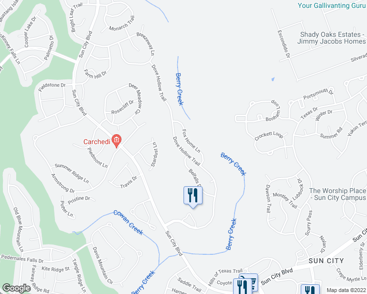 map of restaurants, bars, coffee shops, grocery stores, and more near 407 Dove Hollow Trail in Georgetown