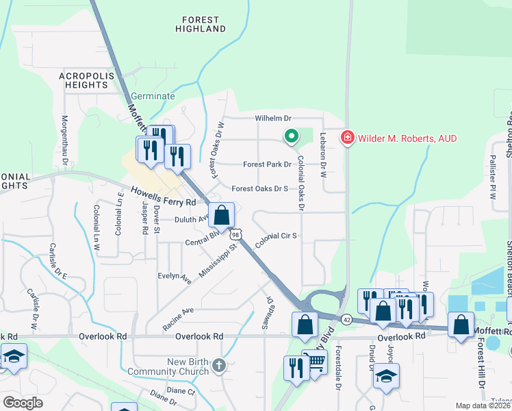 map of restaurants, bars, coffee shops, grocery stores, and more near 5401 Forest Oaks Drive South in Mobile