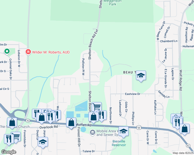 map of restaurants, bars, coffee shops, grocery stores, and more near 1830 Shelton Beach Road Extension in Mobile