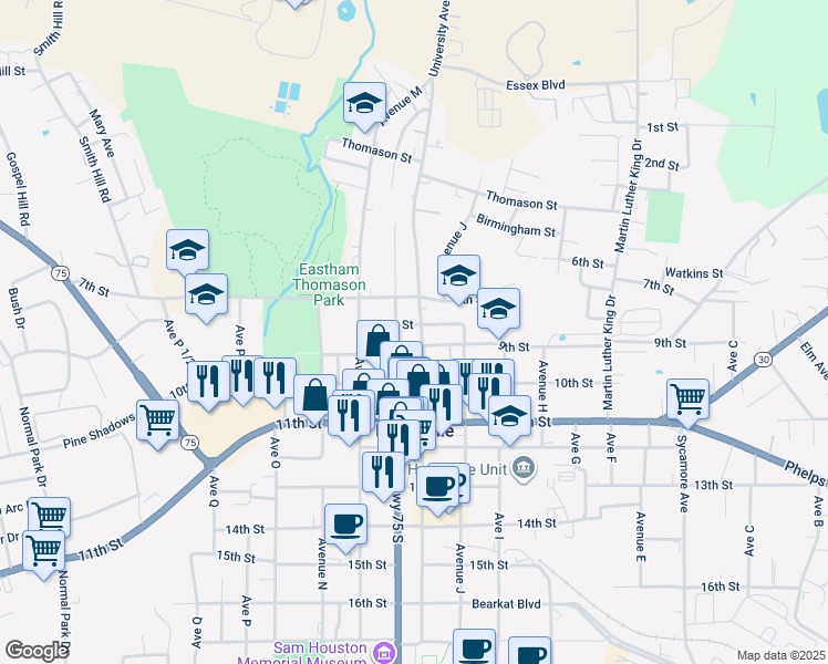 map of restaurants, bars, coffee shops, grocery stores, and more near 802 University Avenue in Huntsville