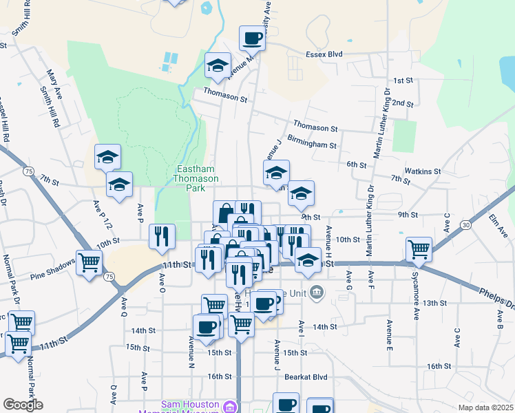 map of restaurants, bars, coffee shops, grocery stores, and more near 1039 8th Street in Huntsville