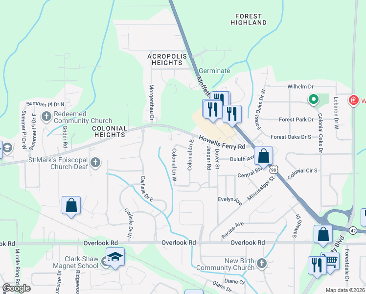 map of restaurants, bars, coffee shops, grocery stores, and more near North Colonial Lane in Mobile