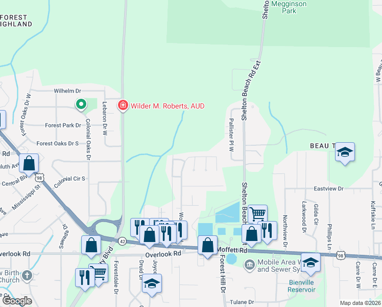 map of restaurants, bars, coffee shops, grocery stores, and more near 1813 Sandalwood Drive in Mobile