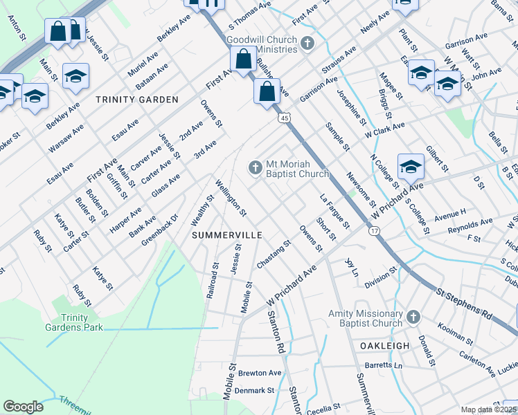 map of restaurants, bars, coffee shops, grocery stores, and more near 921 Owens Street in Prichard