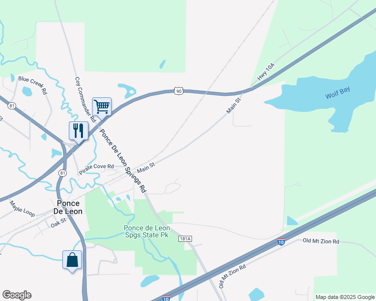 map of restaurants, bars, coffee shops, grocery stores, and more near 1666 Main Street in Ponce de Leon