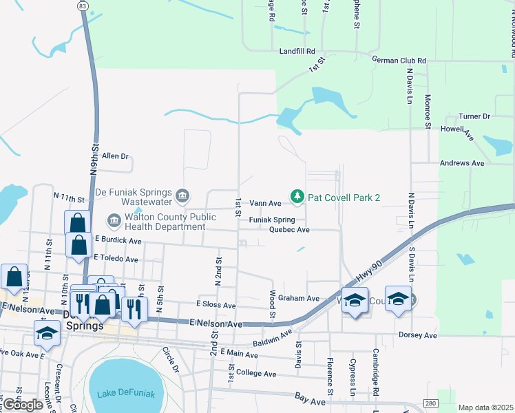 map of restaurants, bars, coffee shops, grocery stores, and more near 223 Vann Avenue in DeFuniak Springs