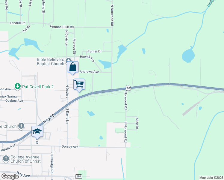 map of restaurants, bars, coffee shops, grocery stores, and more near 2115 U.S. 90 in DeFuniak Springs
