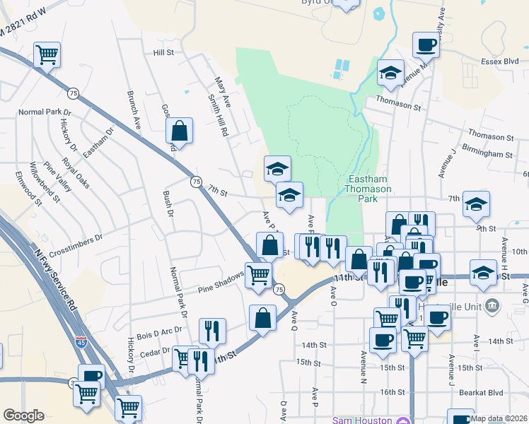 map of restaurants, bars, coffee shops, grocery stores, and more near 1712 Pleasant Street in Huntsville