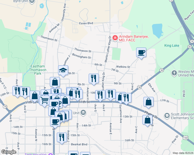 map of restaurants, bars, coffee shops, grocery stores, and more near 610 8th Street in Huntsville