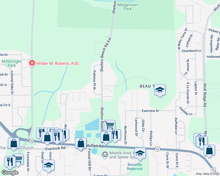 map of restaurants, bars, coffee shops, grocery stores, and more near 1830 Shelton Beach Road Extension in Mobile