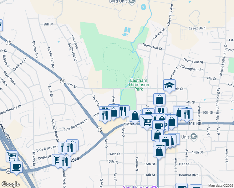 map of restaurants, bars, coffee shops, grocery stores, and more near 807 Avenue P in Huntsville