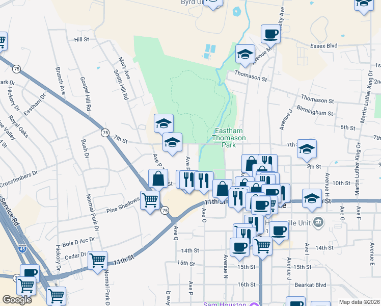map of restaurants, bars, coffee shops, grocery stores, and more near 807 Avenue P in Huntsville